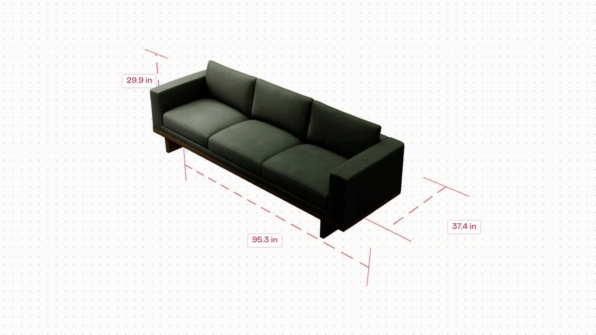 3D model of the sofa with its height, width and depth: 29.9 x 95.3 x 37.4 in