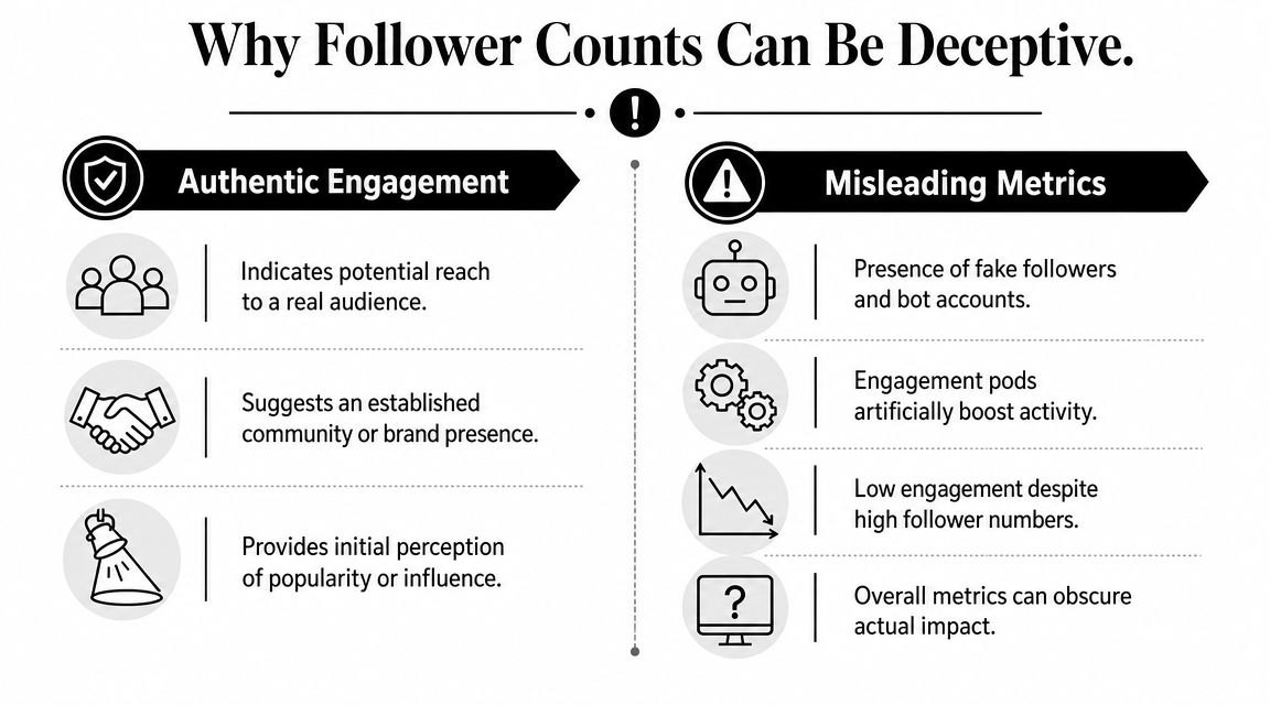 An infographic comparing authentic engagement and misleading metrics regarding social media follower counts.