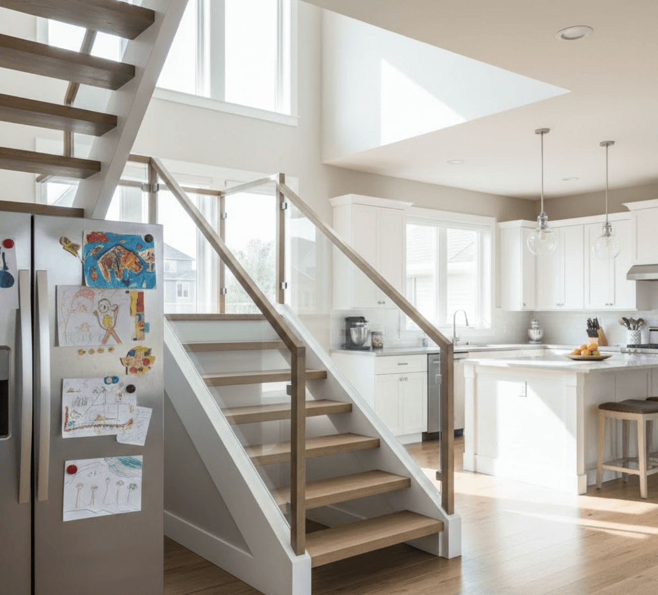 Semi-frameless glass staircase with slim square stainless steel posts. Clear glass panels set between brushed stainless posts spaced evenly. Thin flat stainless top rail. Medium-toned hardwood treads. Contemporary family home interior with open kitchen visible in background. Kids artwork on refrigerator adding lived-in warmth. 