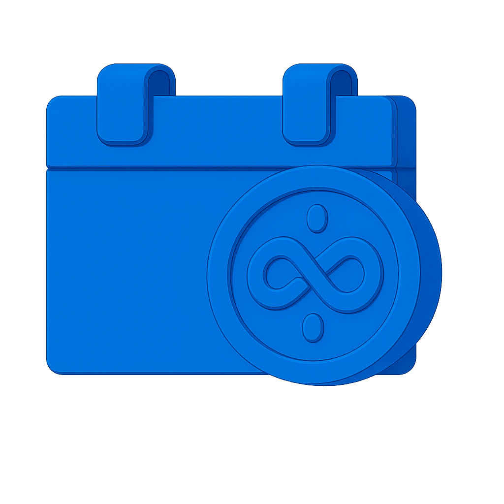 3D blue calendar icon with an infinity symbol in front