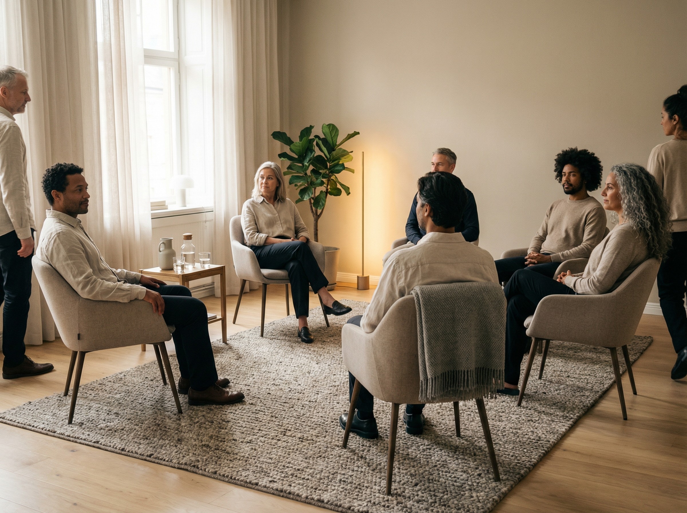 Mehrere Stühle stehen in einem offenen Kreis, ein weicher Teppich dämpft Schritte. Menschen setzen sich in Ruhe, eine Decke liegt gefaltet auf einer Rückenlehne. Ein warmes Licht fällt durch hohe Fenster. Die Szene vermittelt Verbundenheit, Struktur und einen sicheren Rahmen für gemeinsames Arbeiten.