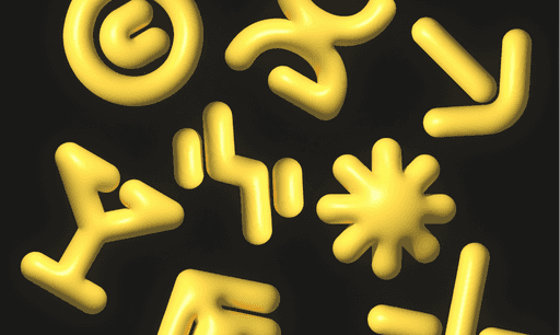 Composition graphique en 3D de symboles typographiques jaunes sur fond noir.