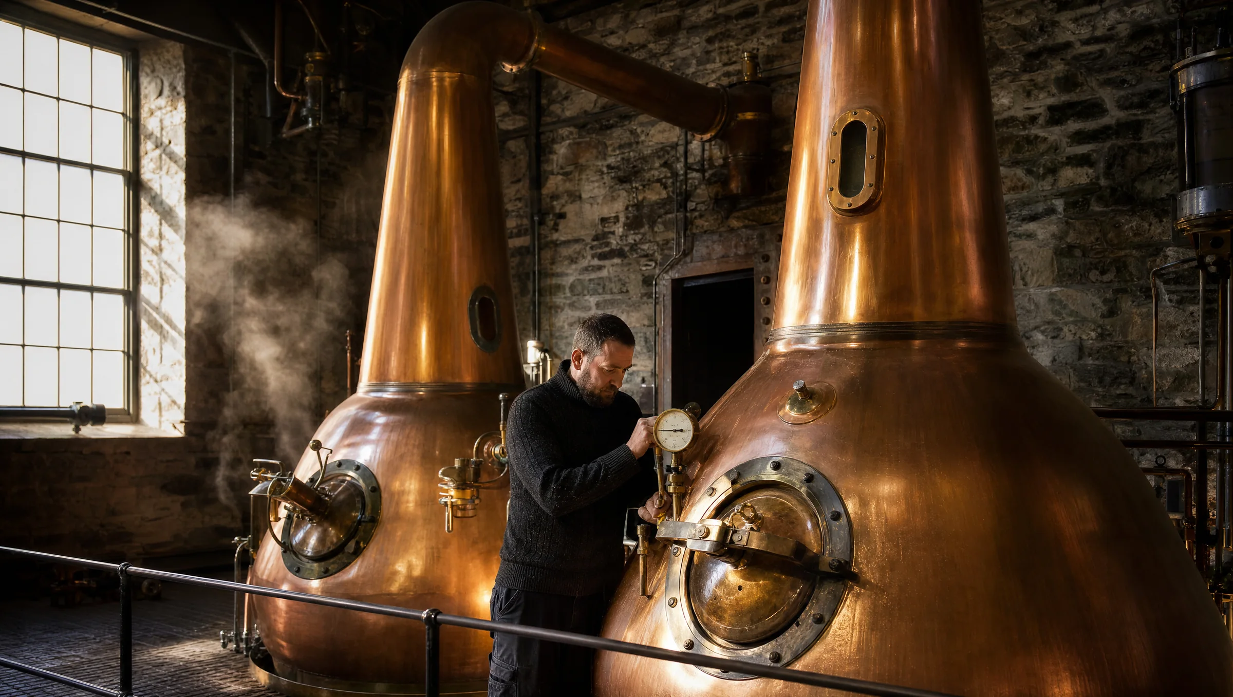 A stillman checking a gauge between two copper pot stills in a stone still house