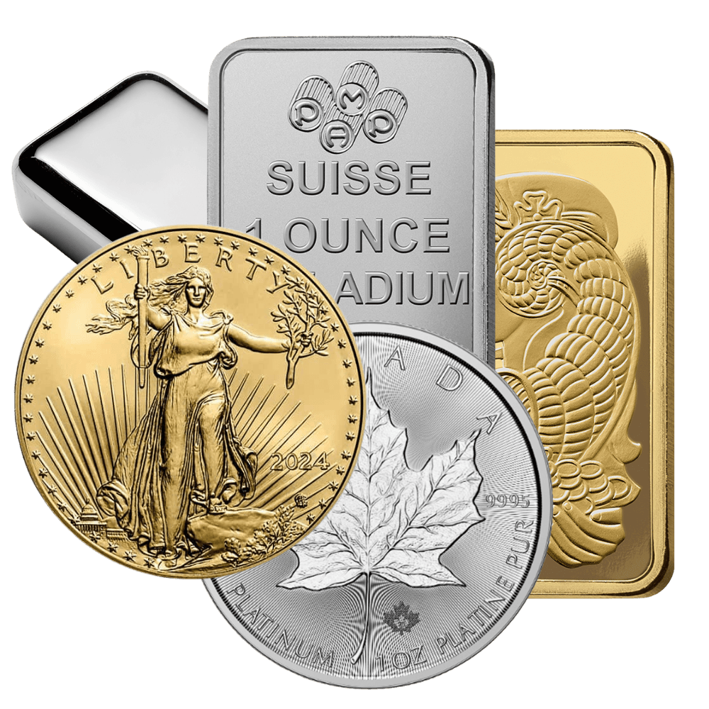 Selection of premium IRA-eligible assets including a 2024 Gold American Eagle, 1 oz PAMP Palladium bar, and a Platinum Maple Leaf.