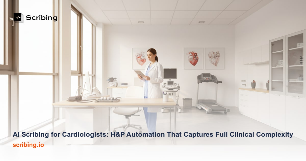 Cardiologist reviewing AI-generated H&P documentation with echocardiogram data on a digital display in a modern clinical setting