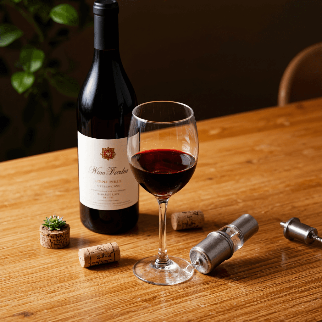 product photography of wine bottle and glass with a cork and pourer