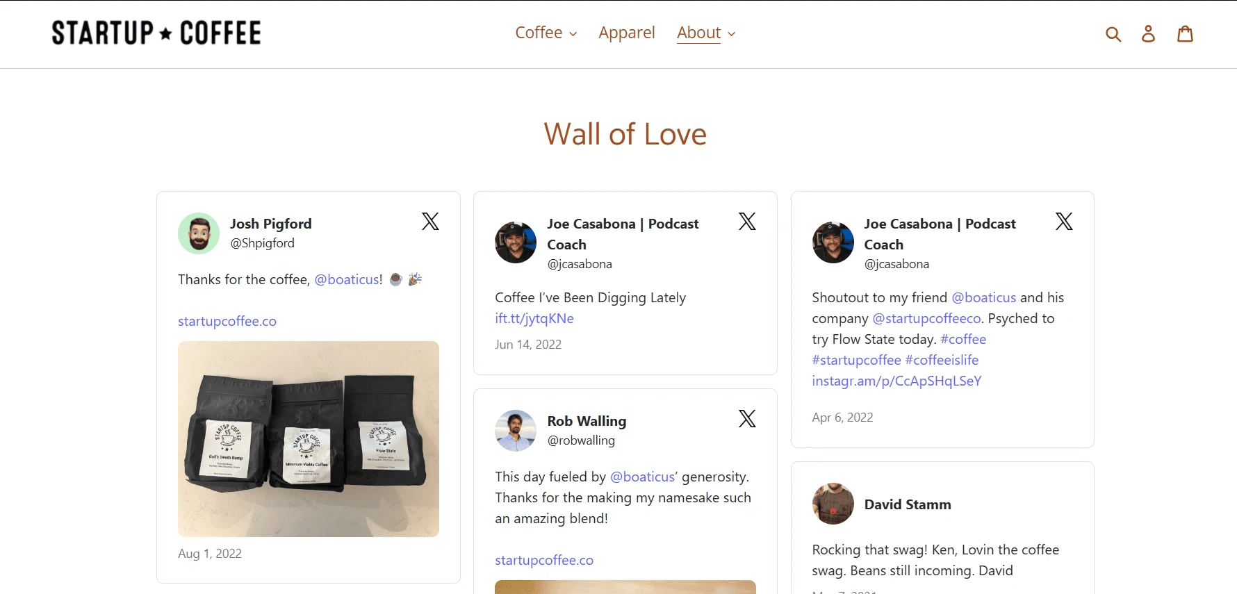 startup coffee wall of love example