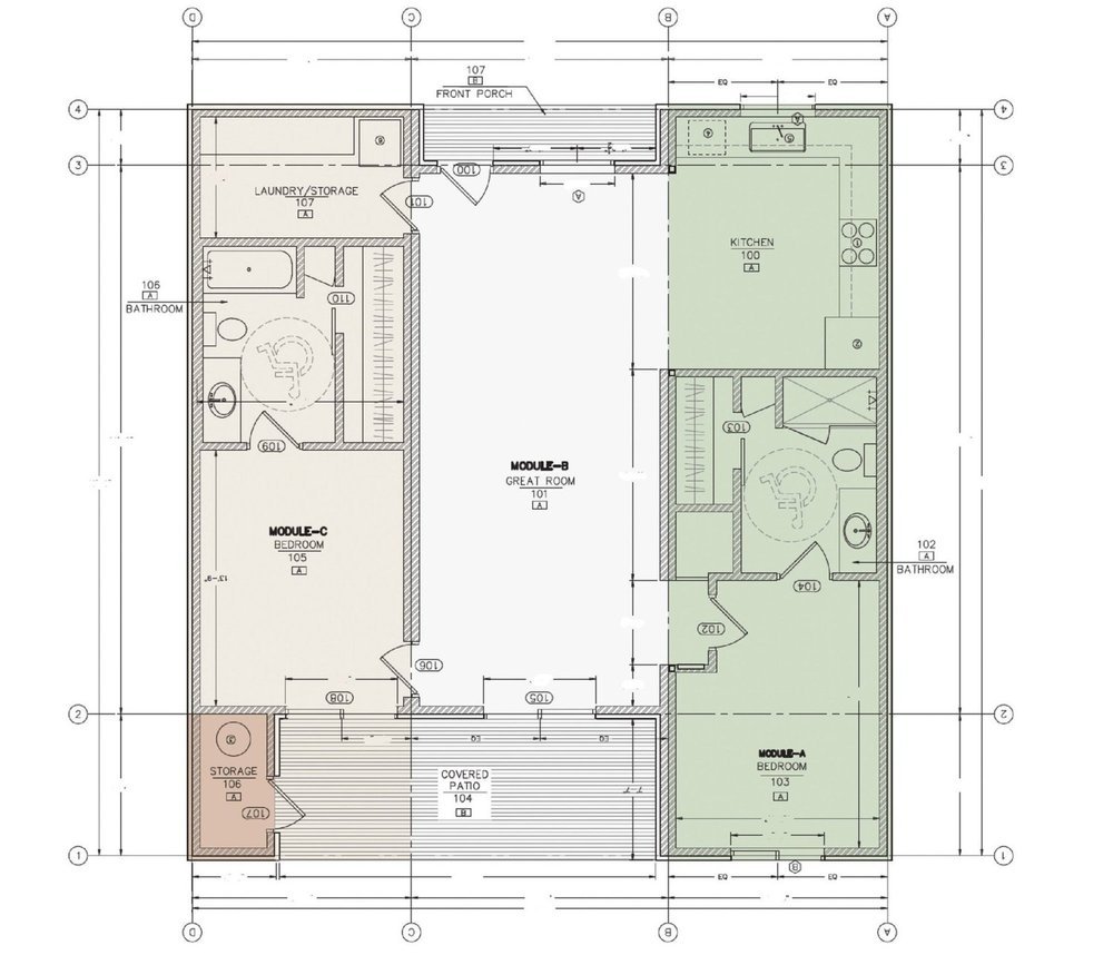 Floor plan of a modular two-bedroom multiplex unit, featuring distinct modules for a kitchen, living room, bedrooms, bathrooms, laundry, and a covered patio.