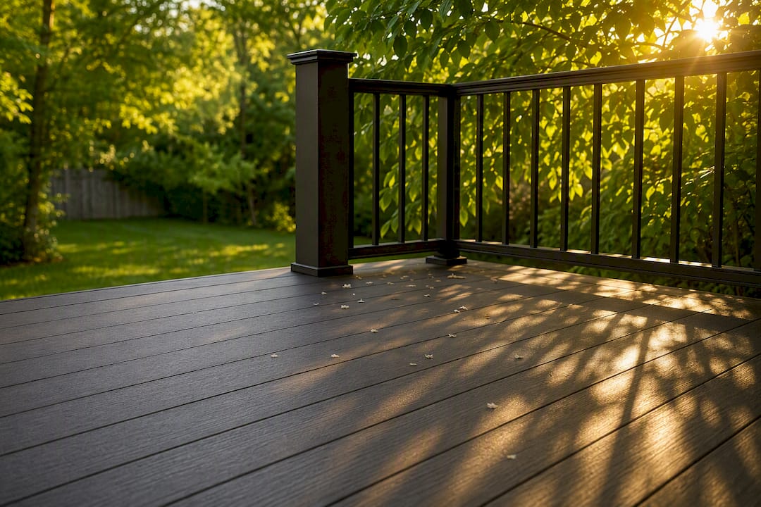 Close view of durable clean PVC decking in backyard