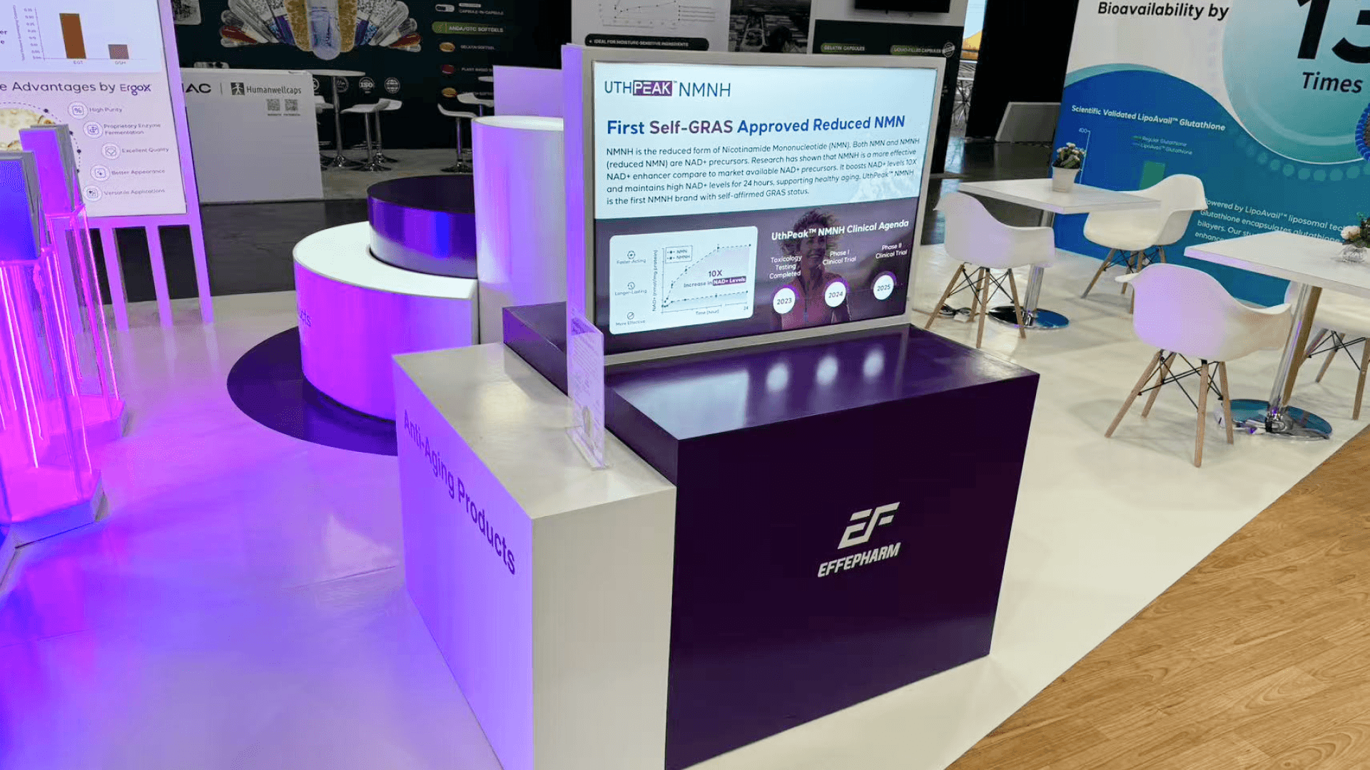 Retail-style optical booth environment with structured shelving, mirror placement, and category zoning for eyewear and lens brands