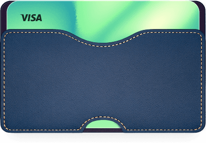 Navy leather card holder with turquoise Visa card partially inserted at the top.