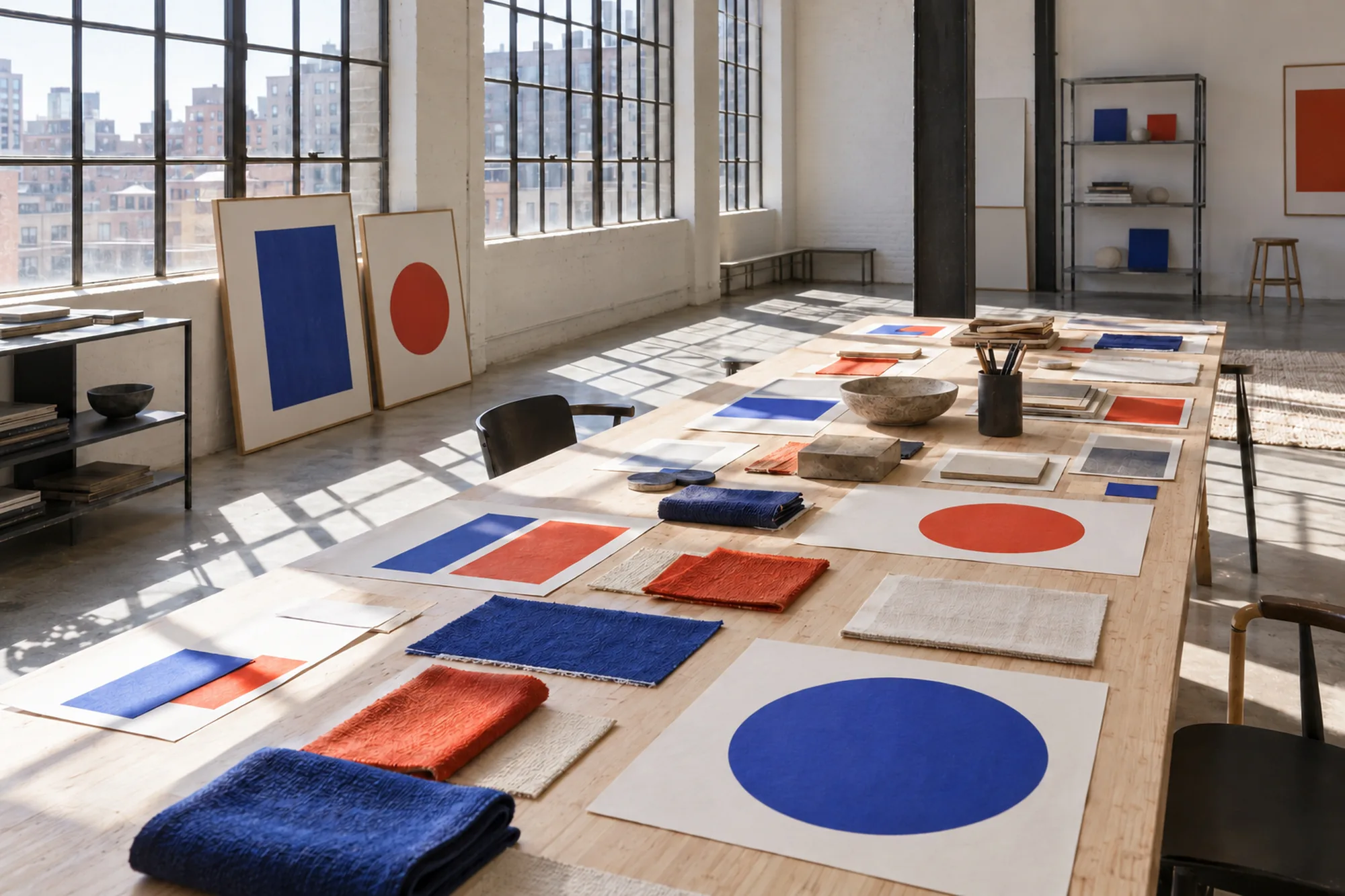 The Ardent studio: a sunlit loft with a long table of colour proofs