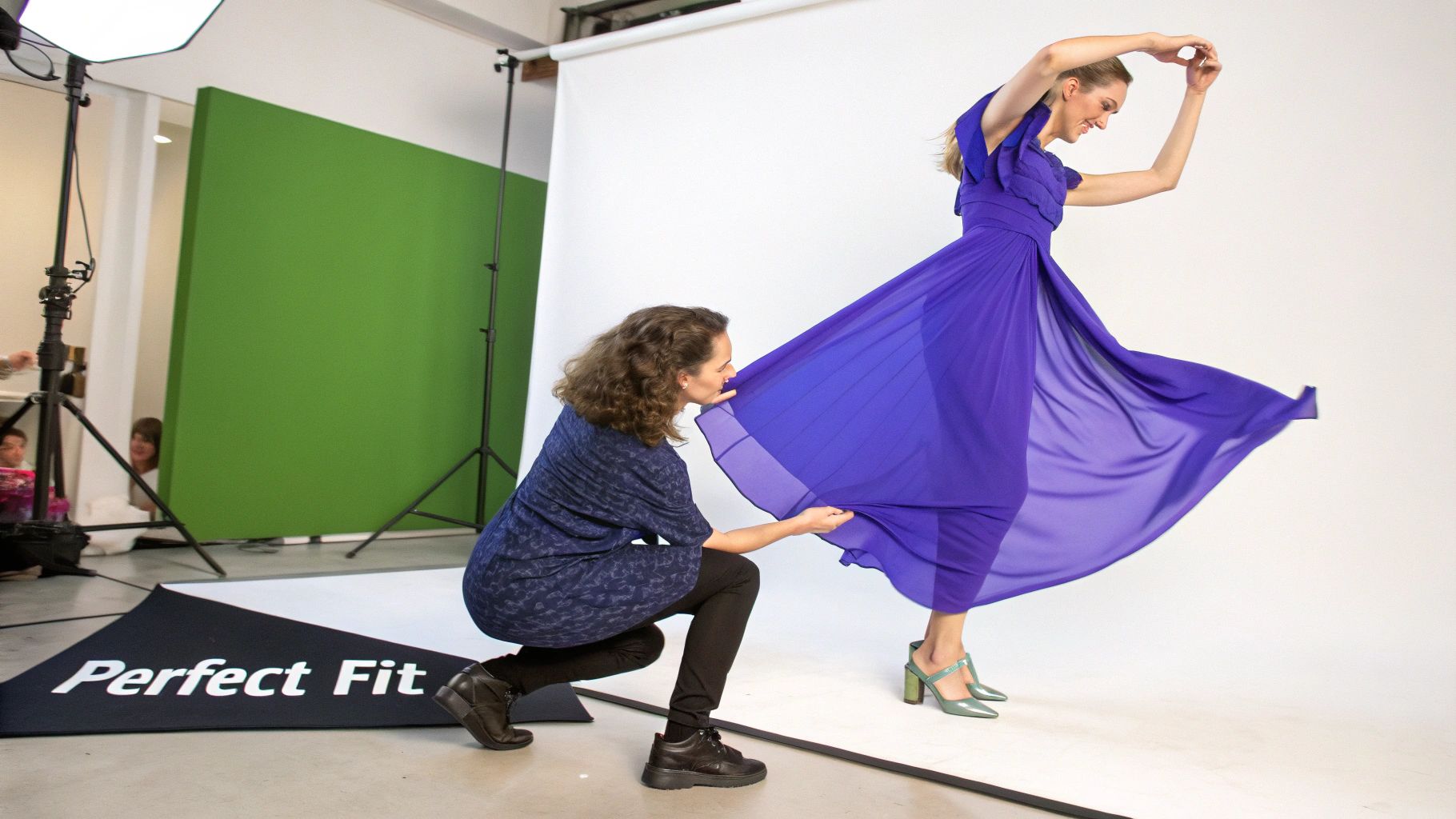 A woman in a flowing purple dress poses during a studio photoshoot, assisted by another woman.