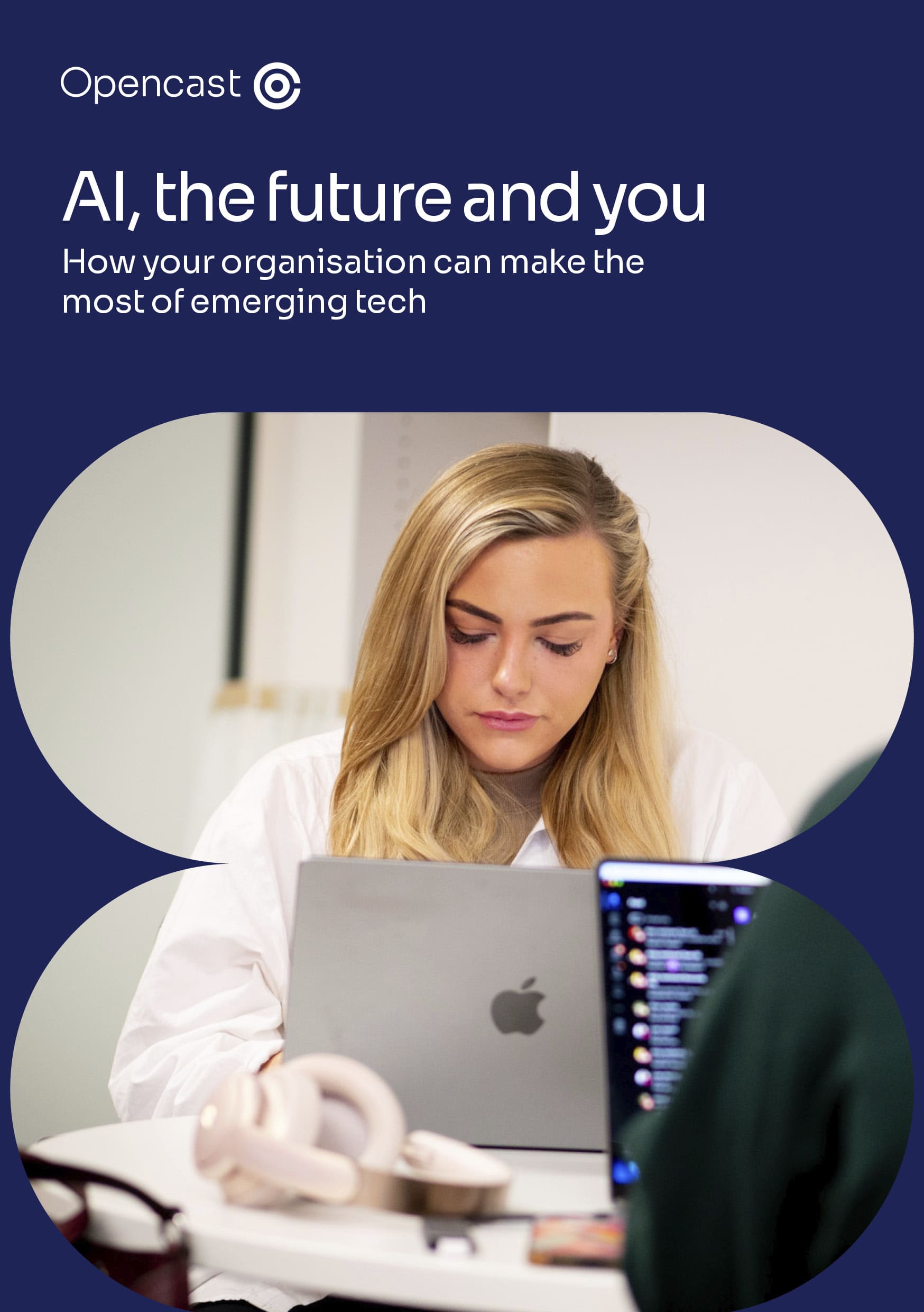 Cover of the AI, the future and you publication. with a photo of an Opencast team member working at a computer on the cover