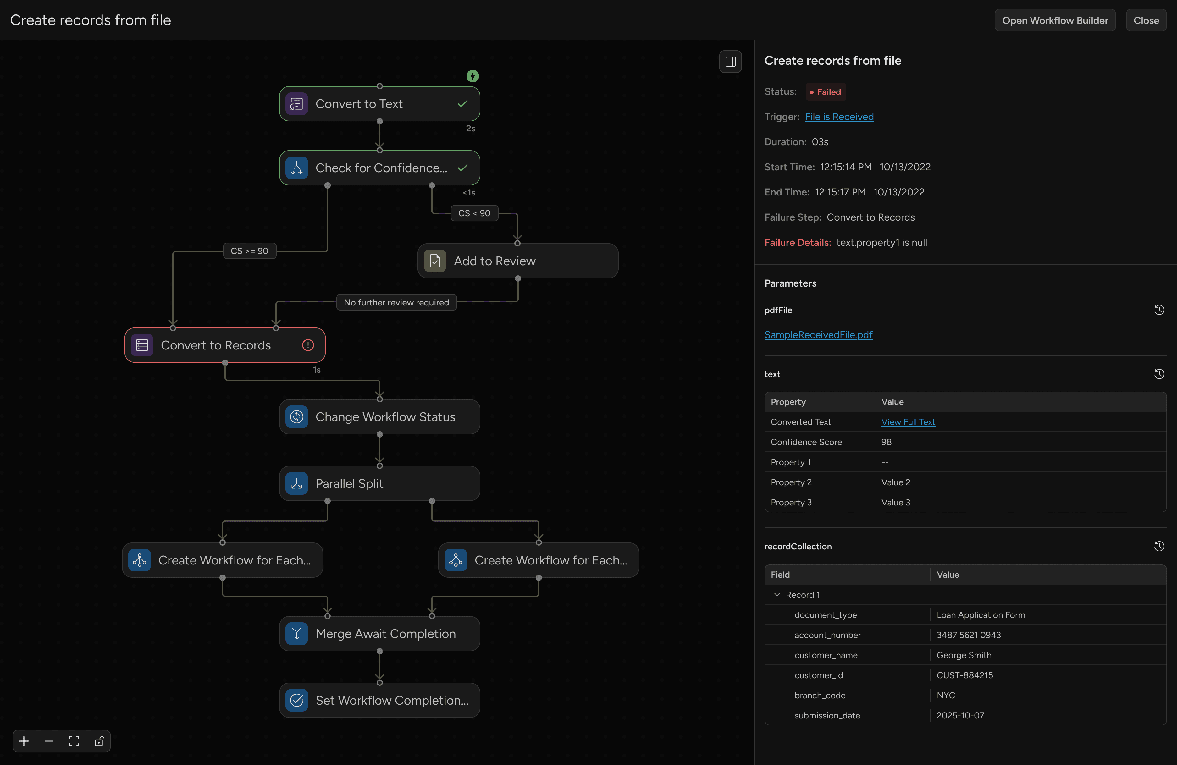 Workflow map showing failed step marked in red with error info
