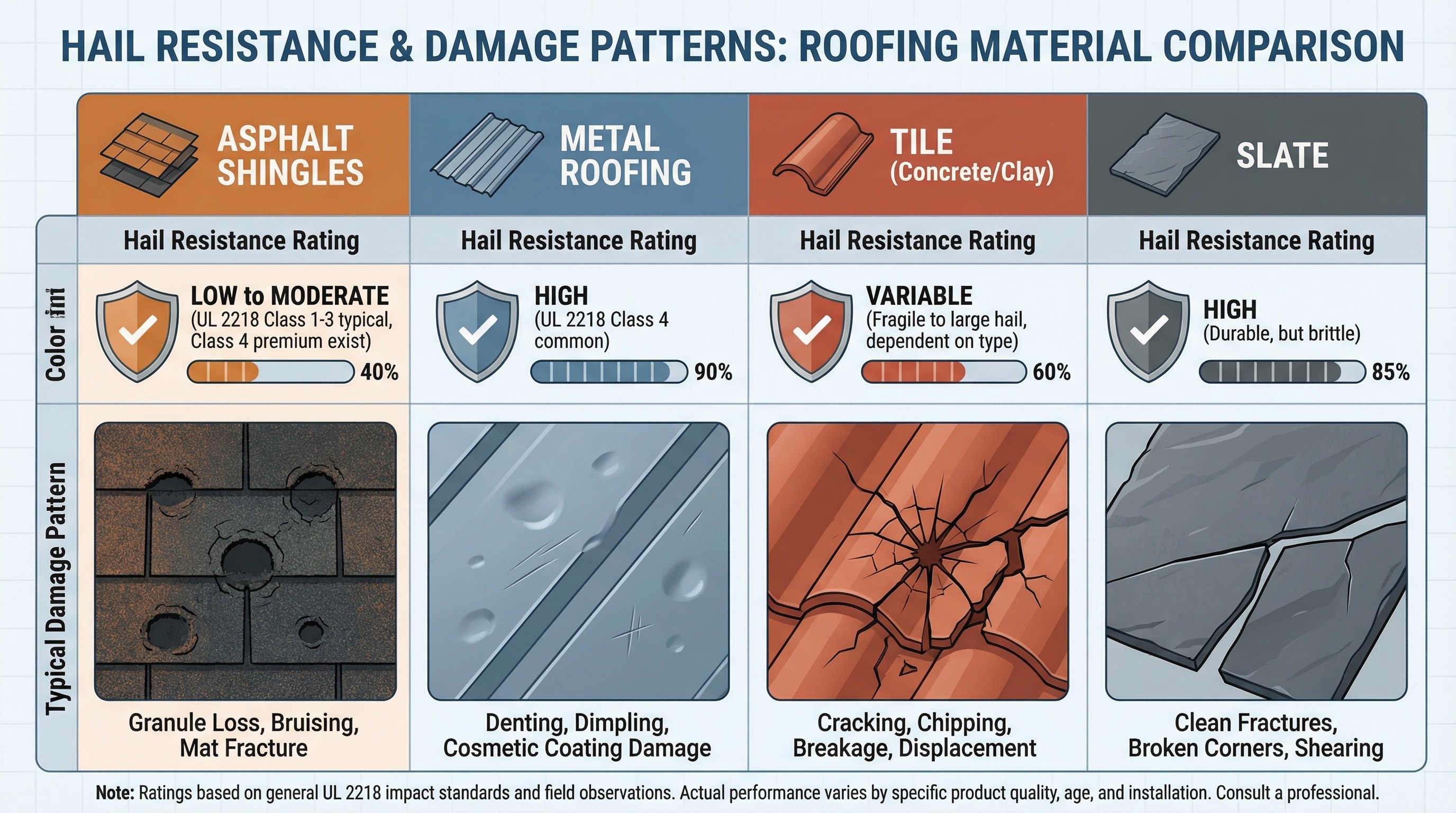 Roofing material hail resistance comparison showing damage thresholds