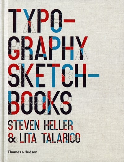 a book cover with black, red, and blue typography and outline guides for letters
