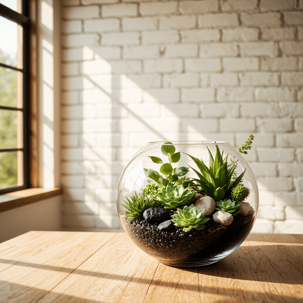 product photography of a decorative plant arrangement in a glass bowl