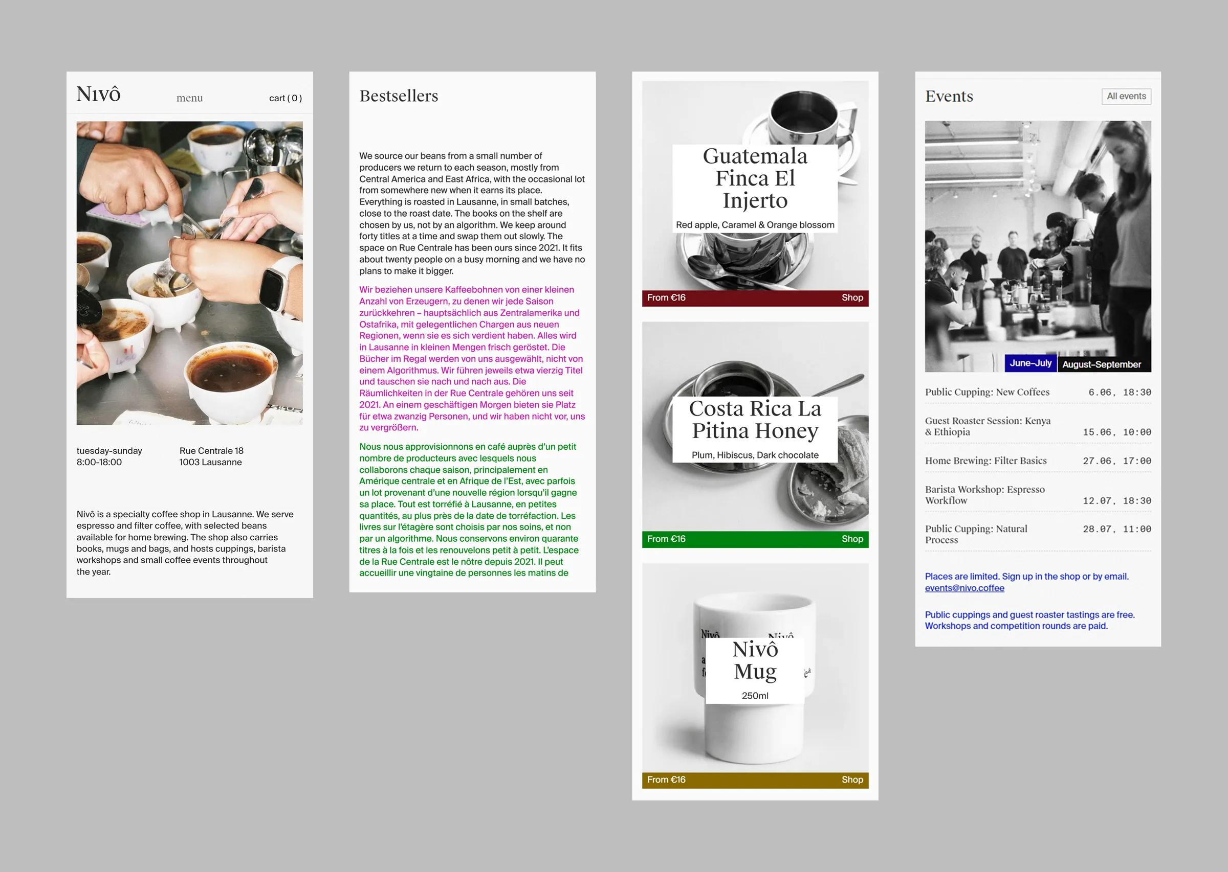 Nivô mobile website layouts showing the coffee shop introduction, coffee products and events