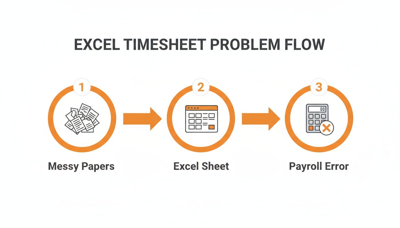 A diagram illustrating the Excel timesheet problem flow, from messy papers to Excel sheets, resulting in payroll errors.