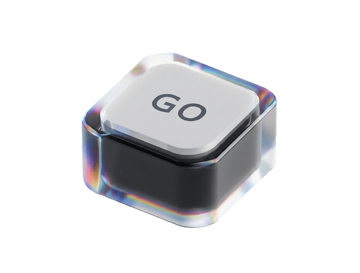 3D 'GO' keycap icon viewed at an angle, with an iridescent glass edge on a black background.