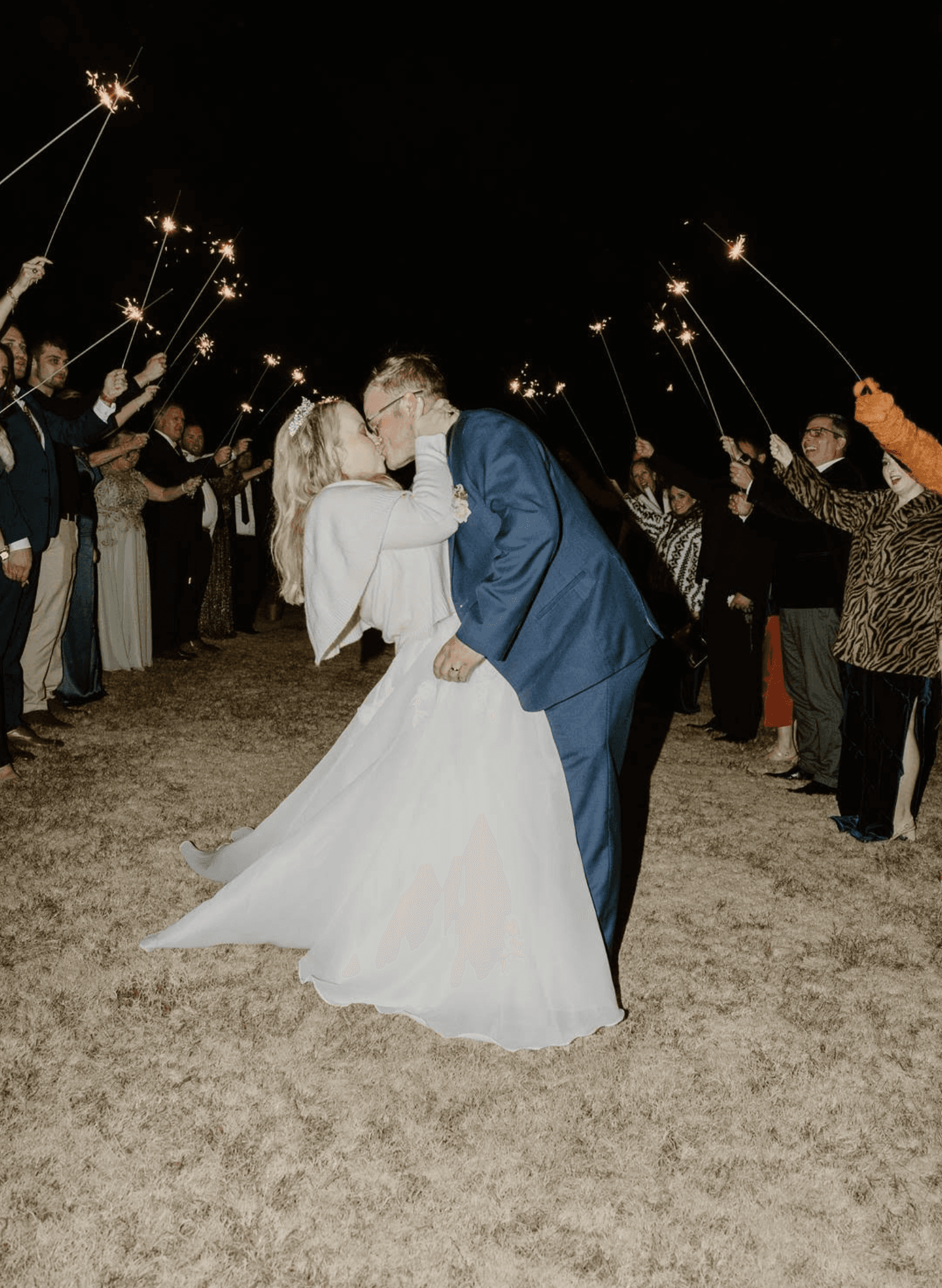 Photo of bride and groom at sunset.