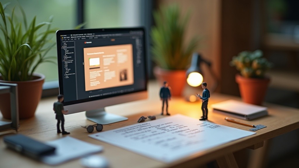 Tiny people building a polished website inside a miniature Framer-style studio with layout blocks and a glowing screen.