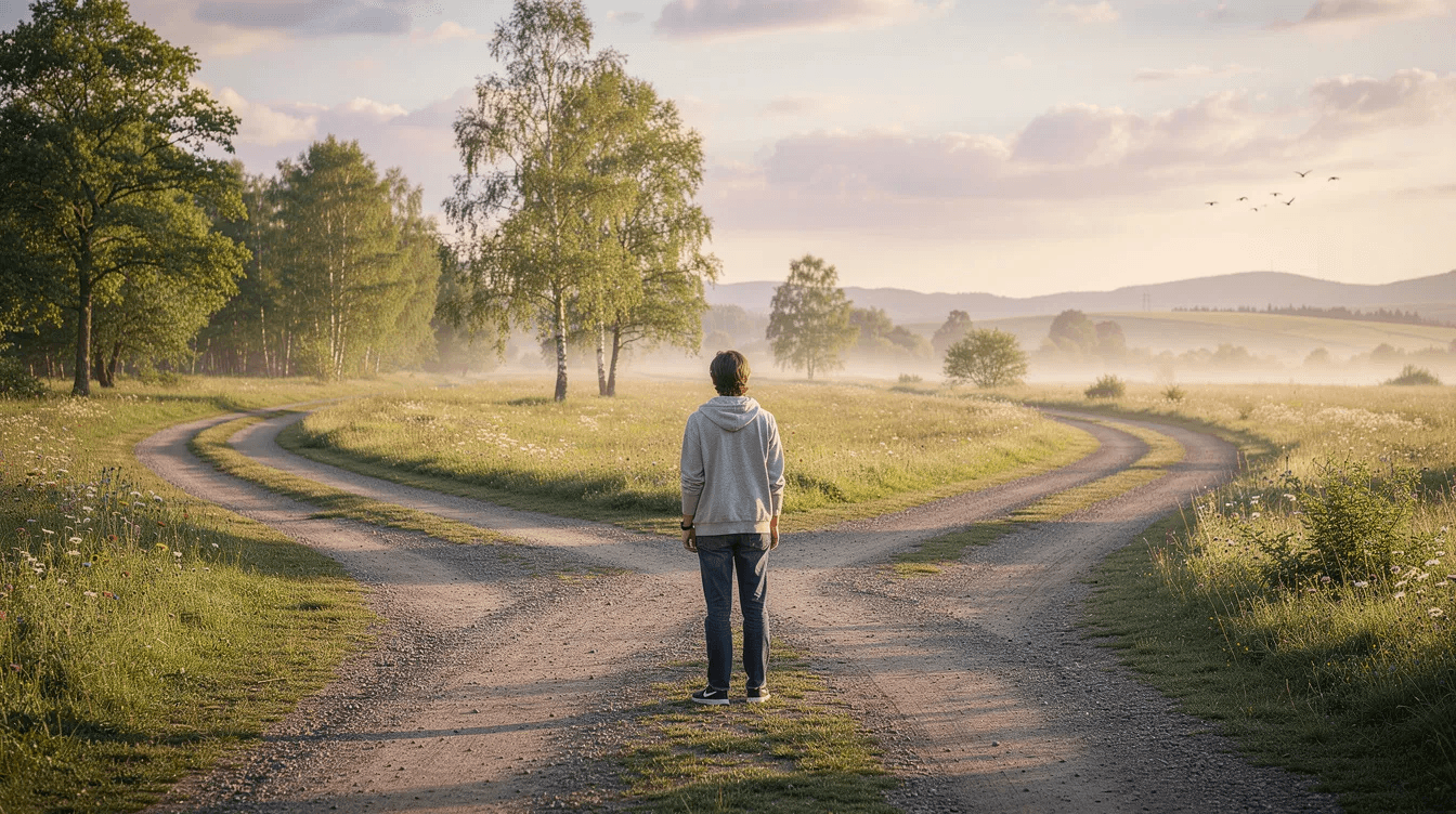 A person stands at a serene crossroads in nature, contemplating the different paths ahead, symbolizing the emotional and mental stress that can accompany sudden wealth. This moment reflects the importance of financial planning and decision-making in navigating newfound wealth and achieving lasting financial security.