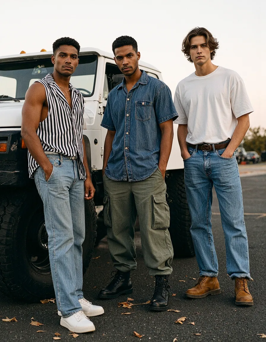 Three models in casual fashion posing beside white vehicle, wearing striped shirt, denim button-up, and white tee with jeans