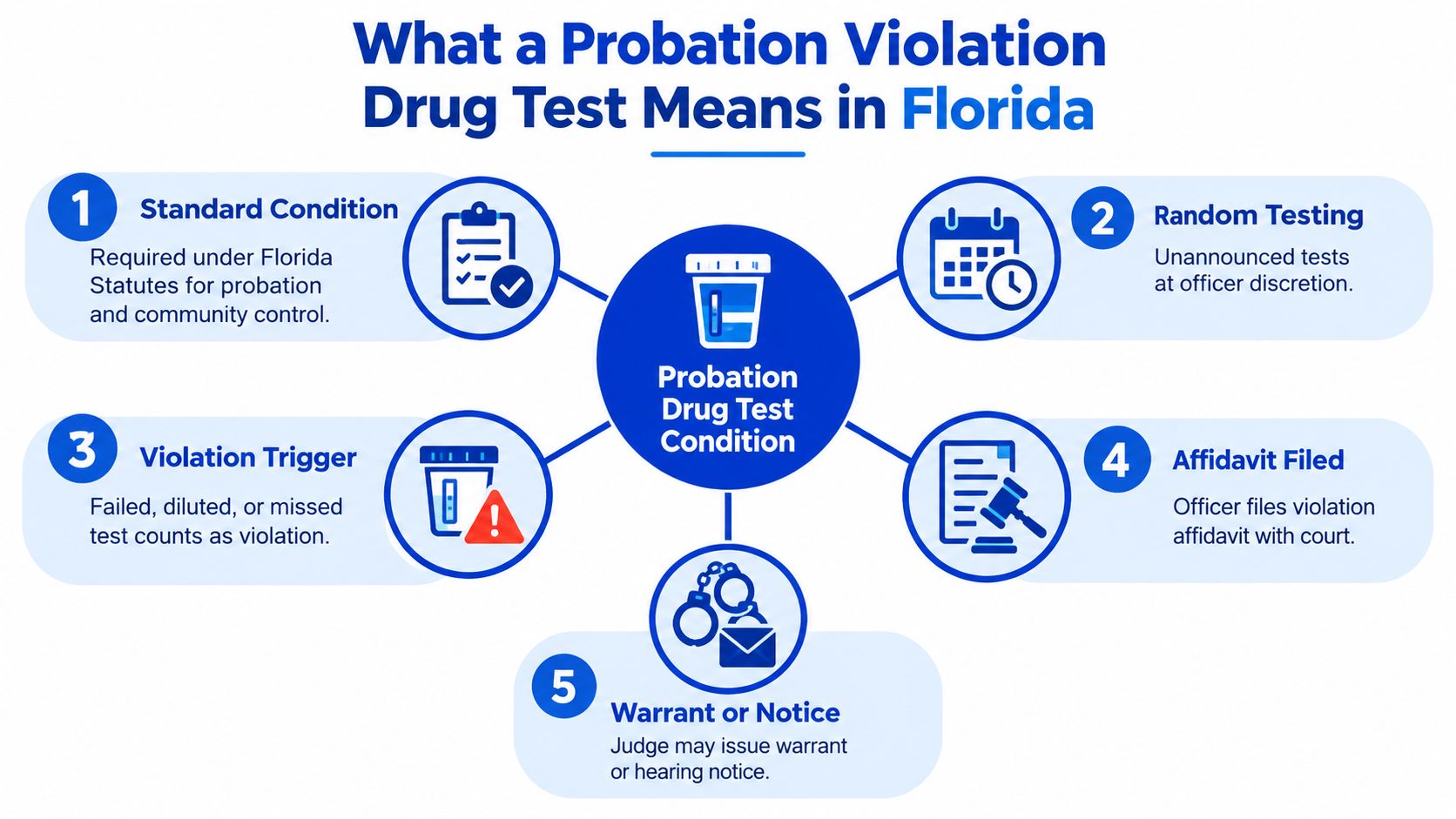 An infographic detailing the five steps of a probation violation drug test process in Florida.