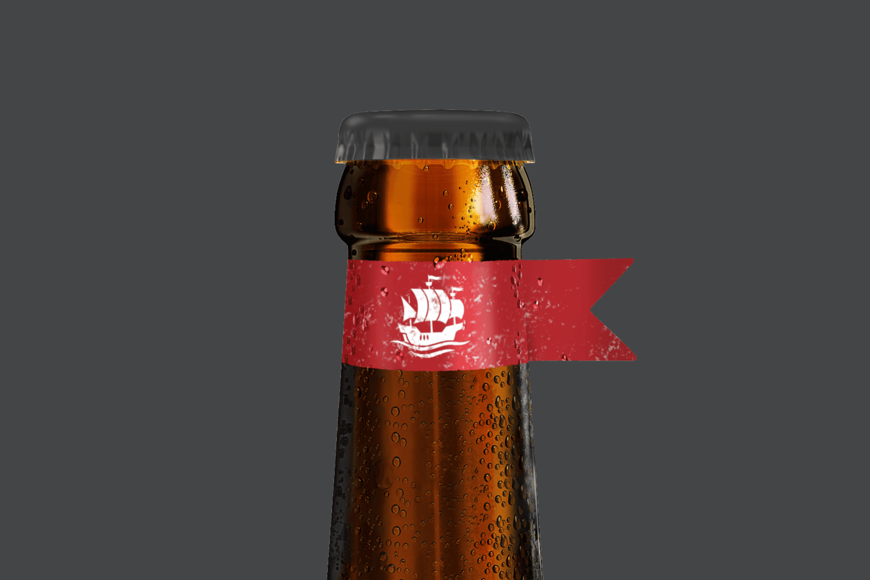 Beer bottle with red flag and ship logo