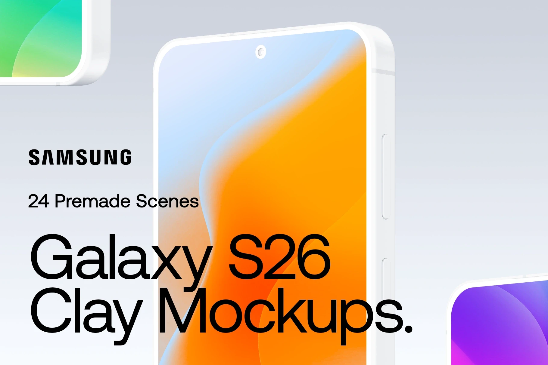 Samsung Galaxy S26 Clay mockup displaying a vibrant orange wallpaper for modern design presentations.