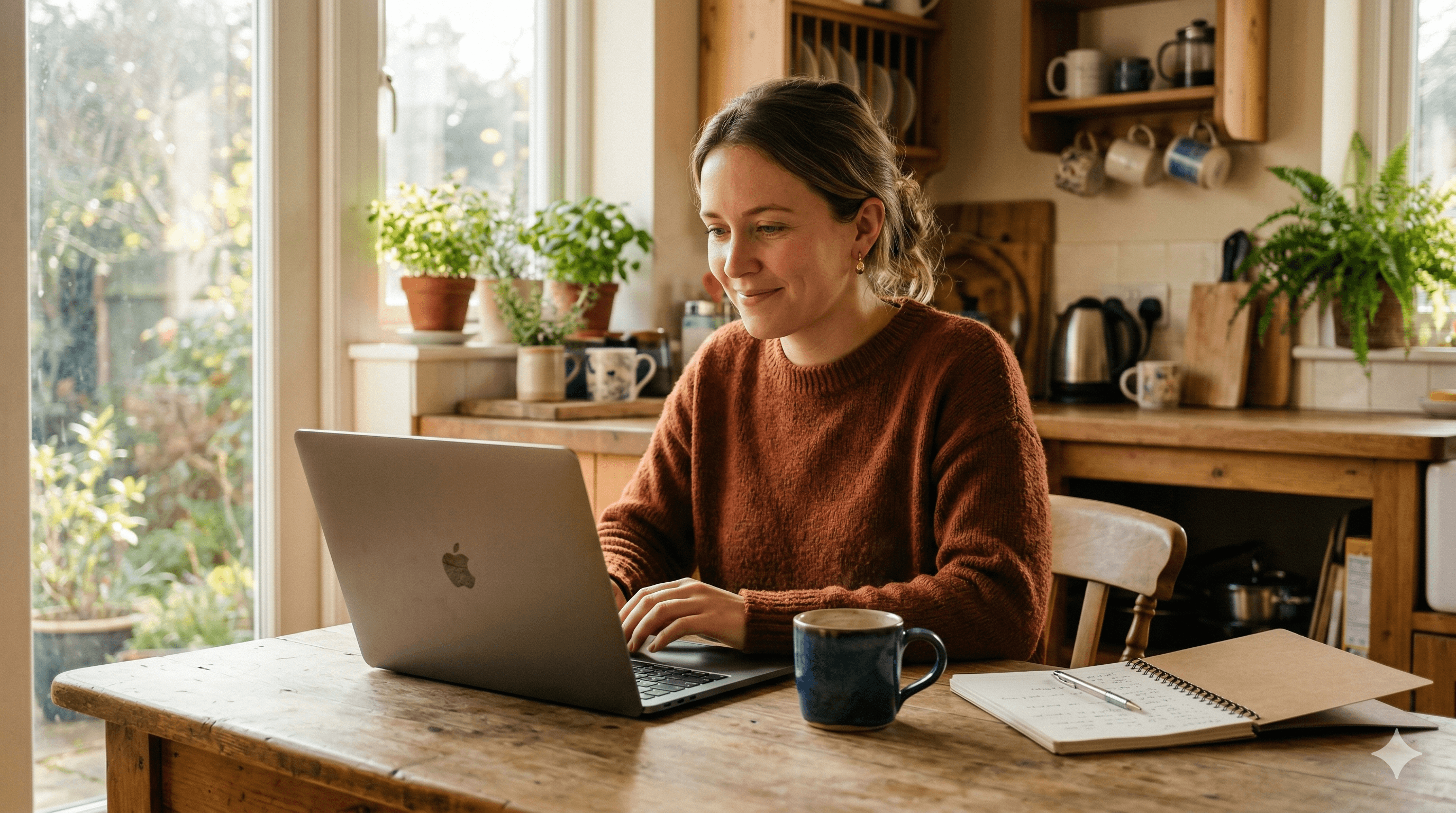 Person calmly reviewing retirement savings data on laptop at kitchen table