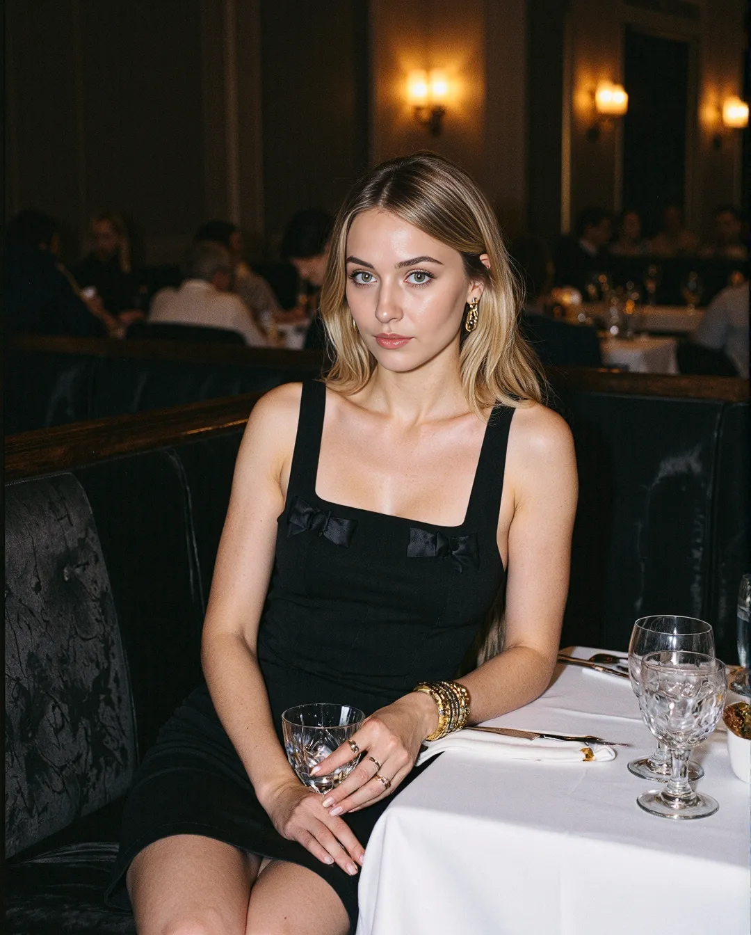 Elegant evening portrait in a restaurant with warm lighting, featuring a person in a black dress with gold jewelry at a white-clothed table.
