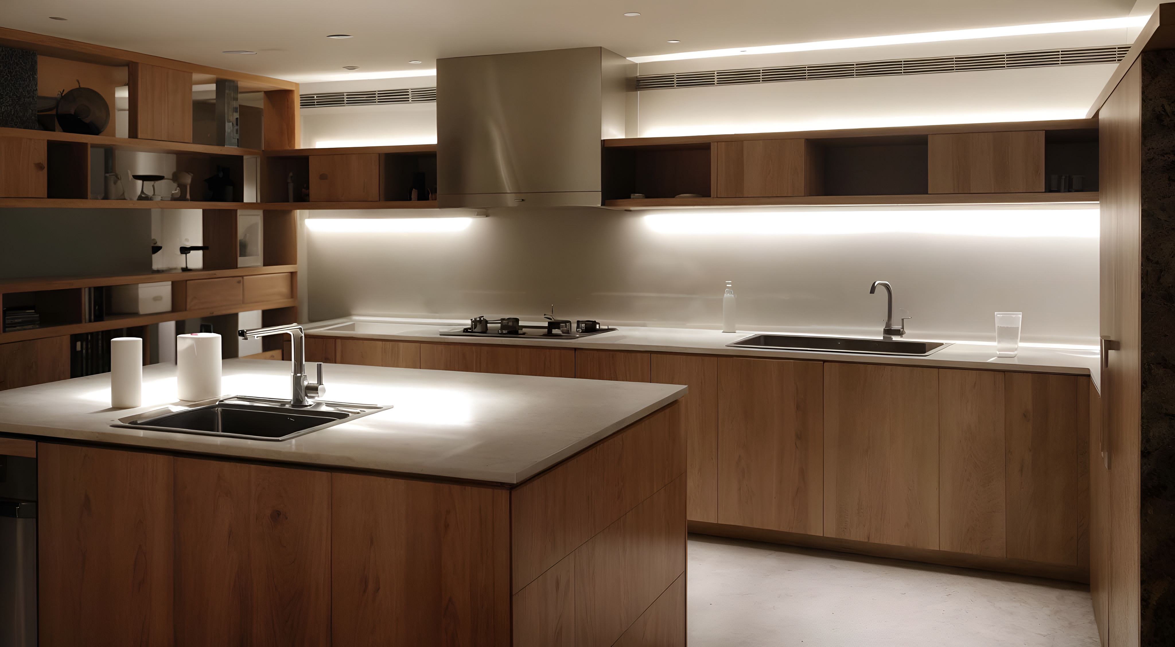 現代極簡風格廚房以淺色木櫃與中島為主，搭配燈光與不鏽鋼抽油煙機，展現實用與設計並存的空間規劃