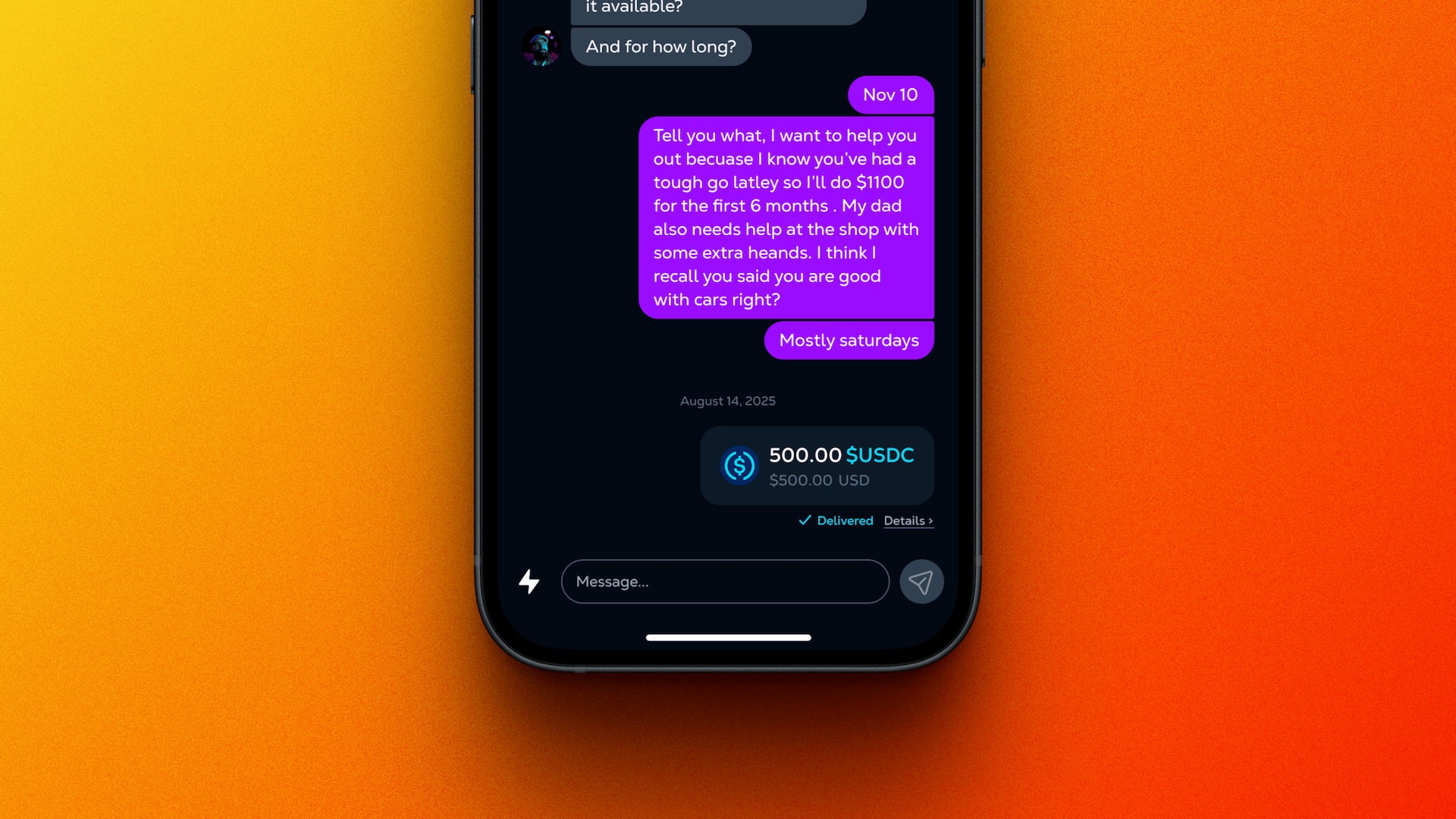 In-chat crypto payment confirmation screen in the Calaxy mobile web app, showing a completed USDC transfer inside a private message conversation.
