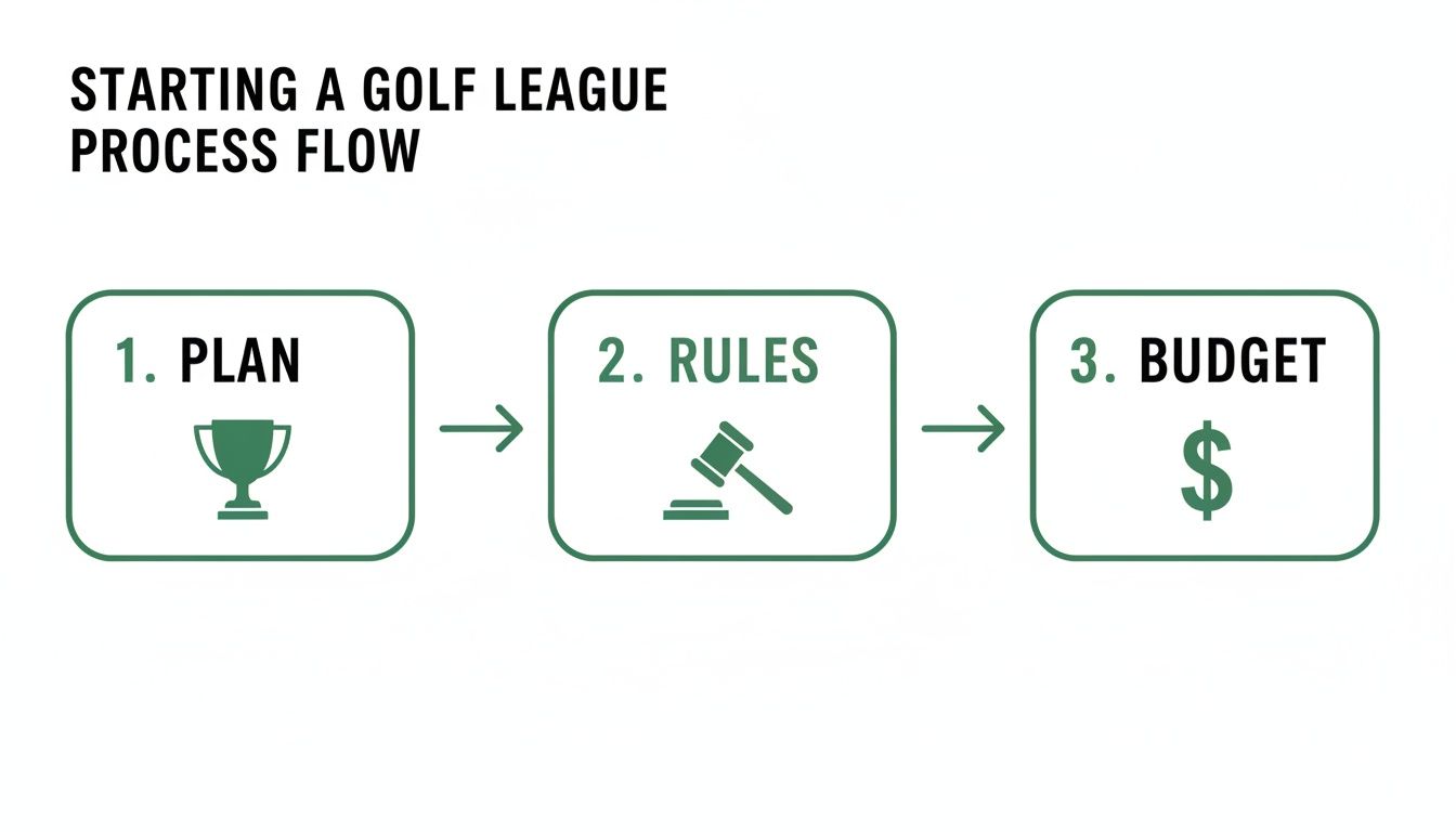 A flow chart outlining the three-step process for starting a golf league: Plan, Rules, and Budget.