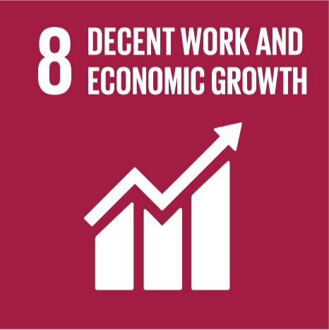 Icon representing Sustainable Development Goal 8: Decent Work and Economic Growth, featuring a rising bar graph.