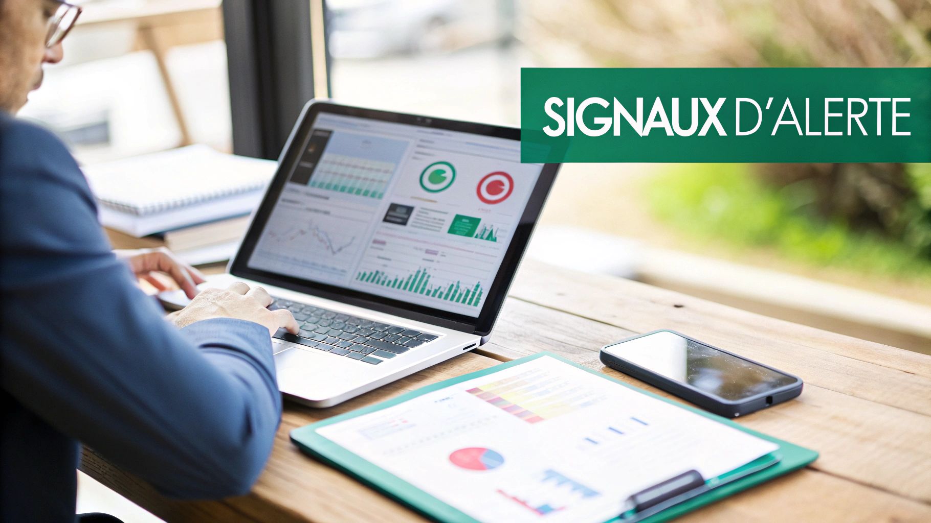 Homme travaillant sur un ordinateur portable affichant des graphiques d'analyse de données, avec 