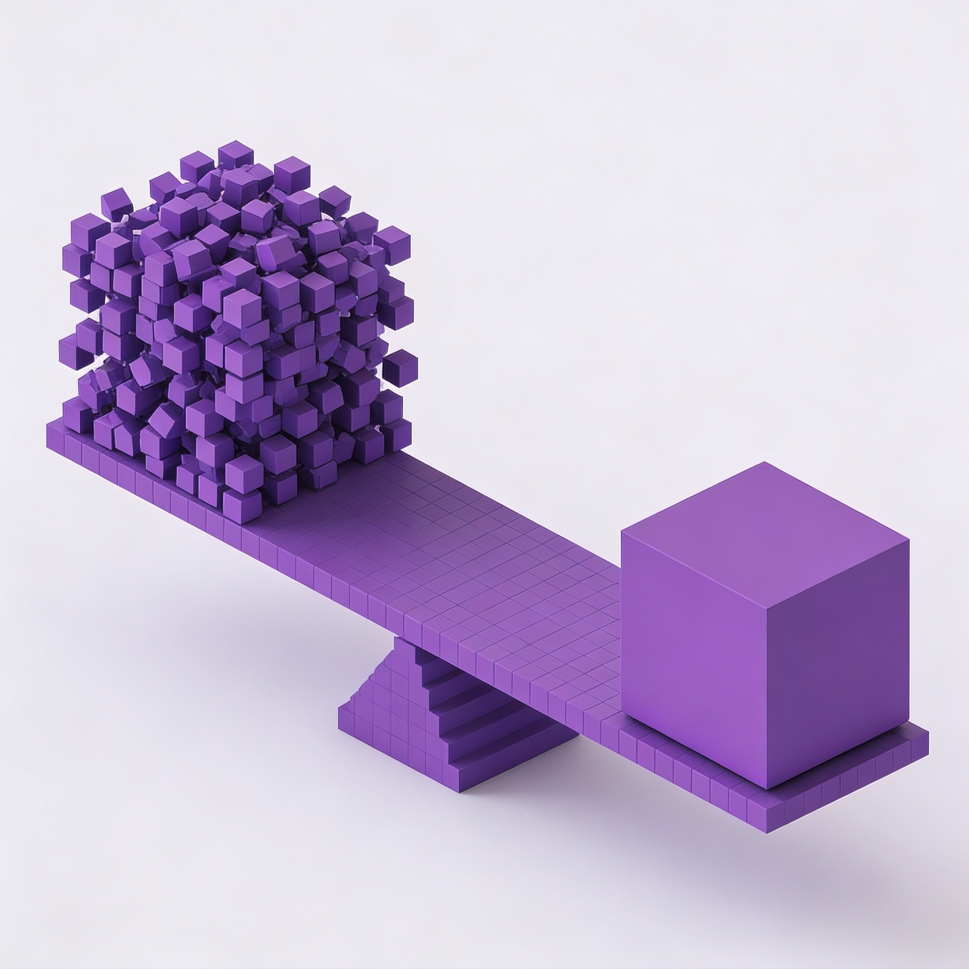Purple voxel balance scale symbolizing minimal design winning in modern branding