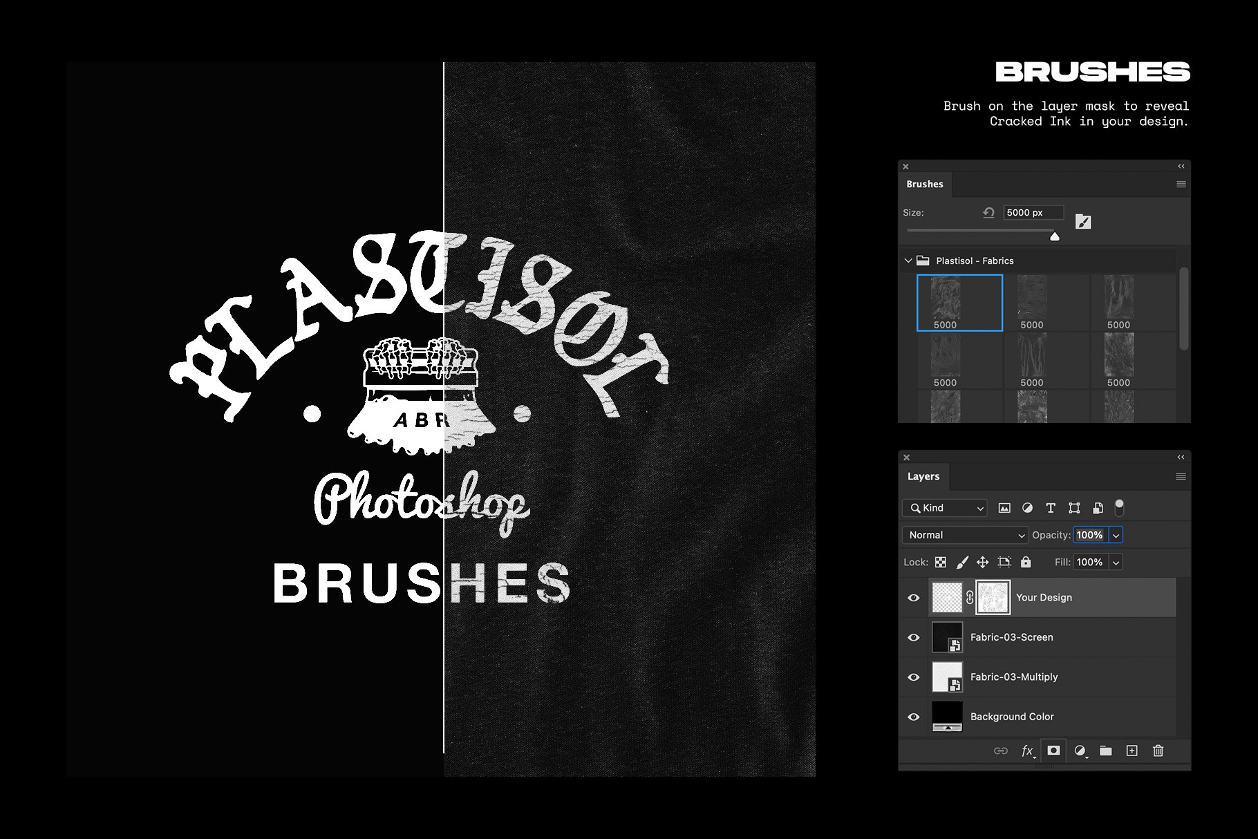 Photoshop brushes used to create cracked plastisol ink effects for vintage screen prints