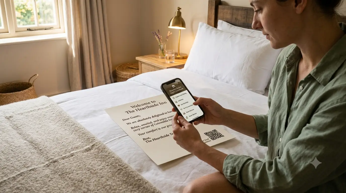 Un huésped del hotel escaneando el código QR de una carta de bienvenida para abrir una guía digital en su teléfono.