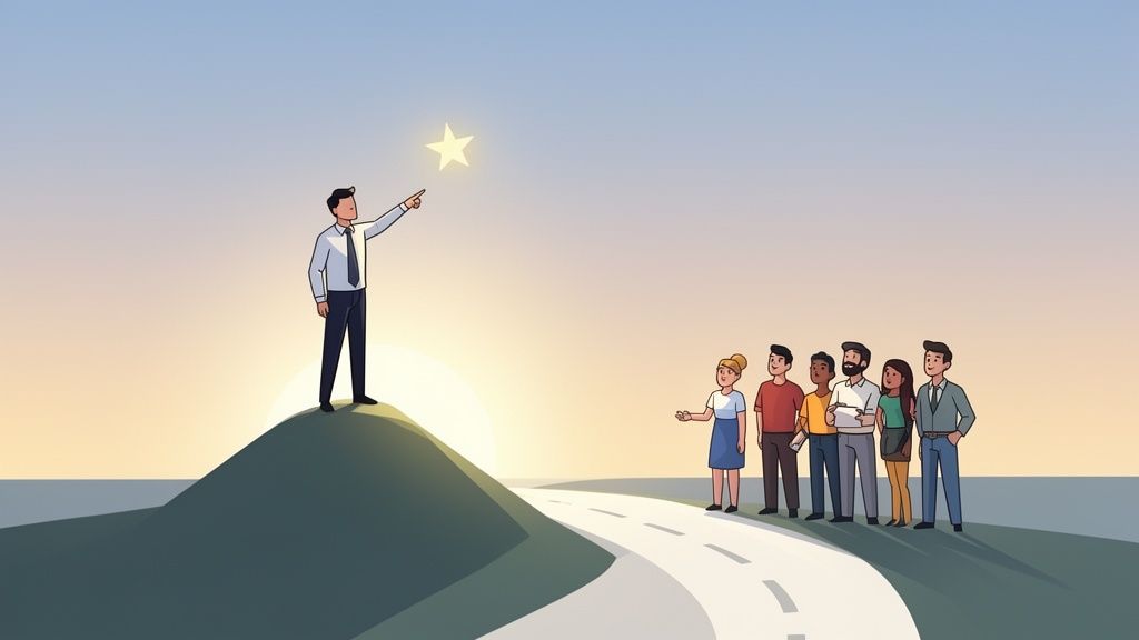 A male leader on a hill points to a guiding star, inspiring a diverse team on a path below.