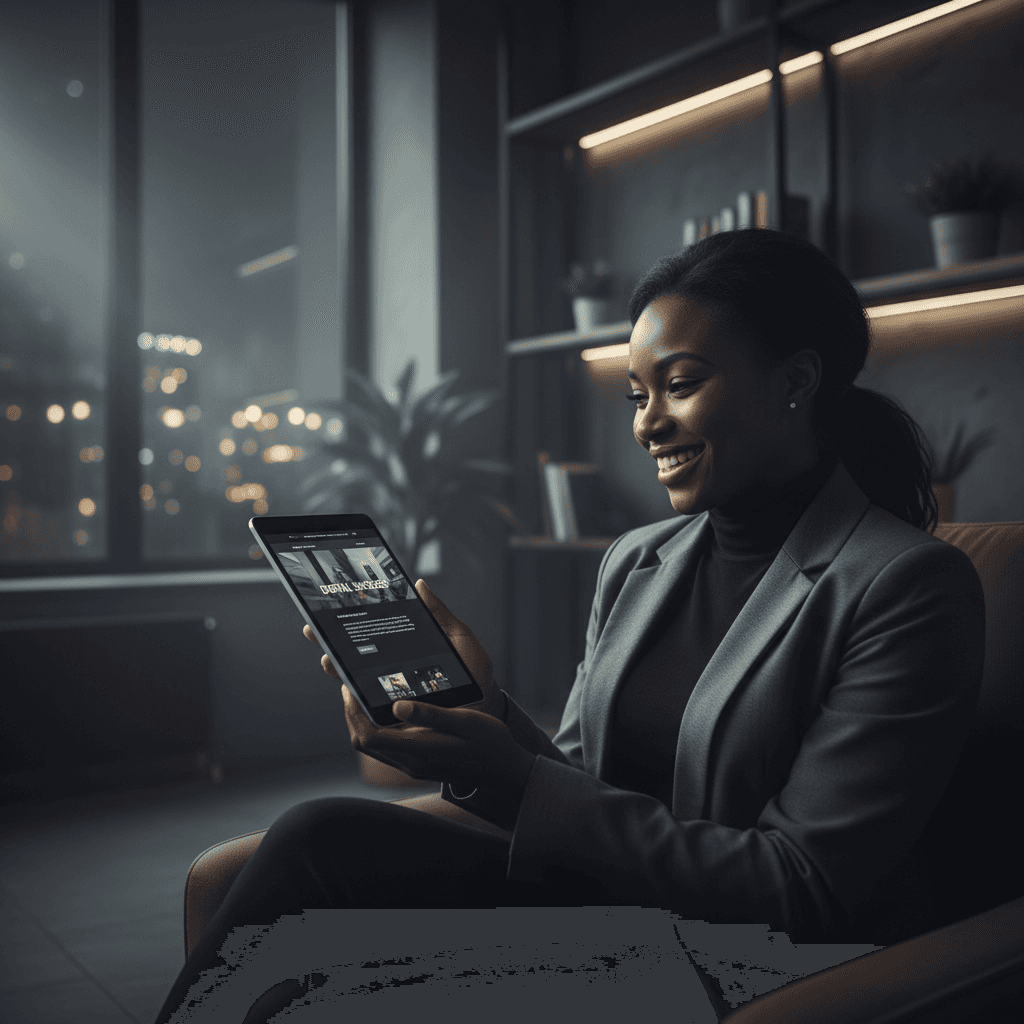 Smiling woman in a blazer looking at a Cumulus redesigned website on a tablet, indoors. She is sitting down next to a window with city lights.
