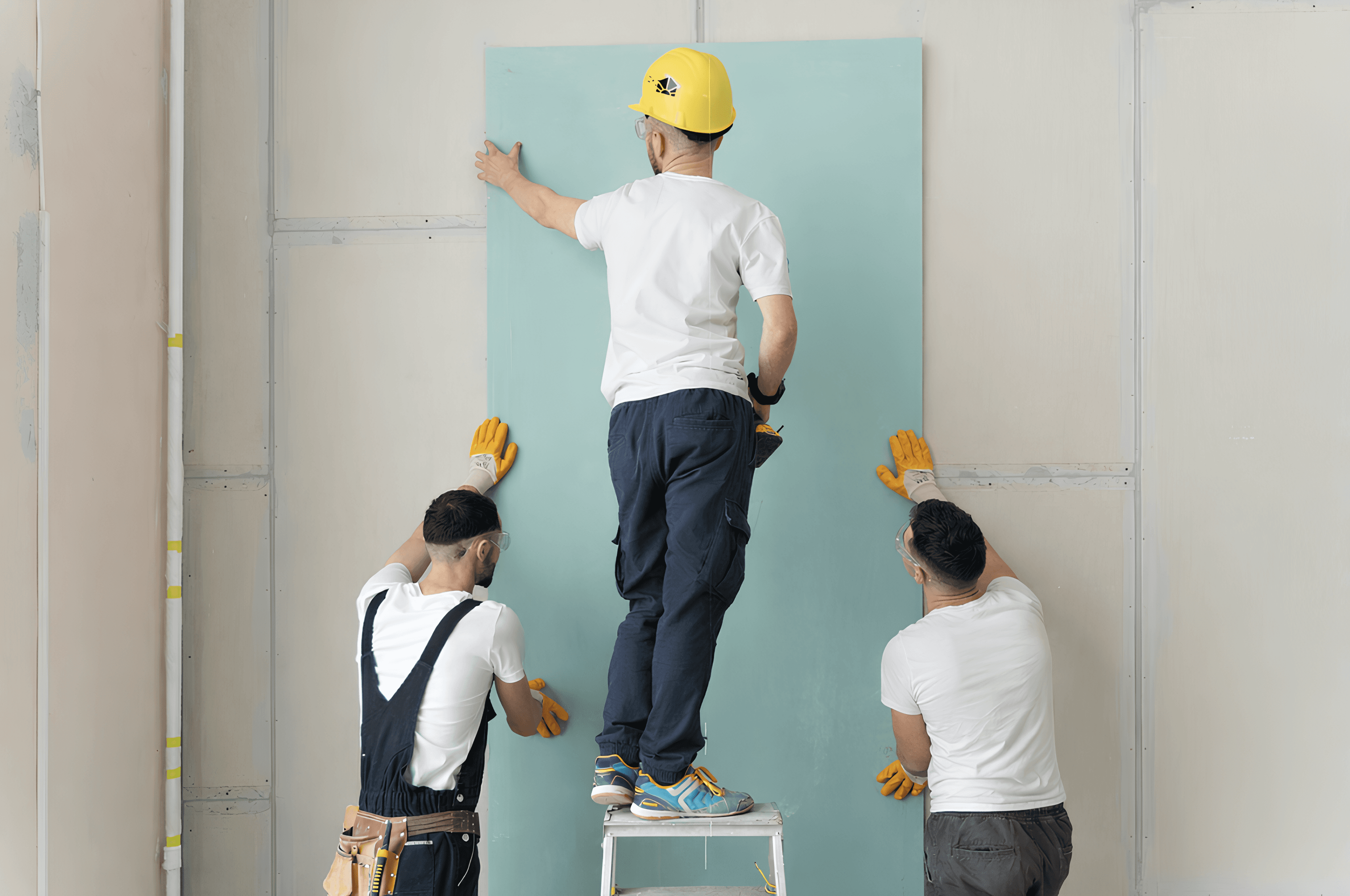 Drei Arbeiter installieren eine Gipskartonplatte; einer steht auf einer Leiter, während die anderen vom Boden aus helfen.