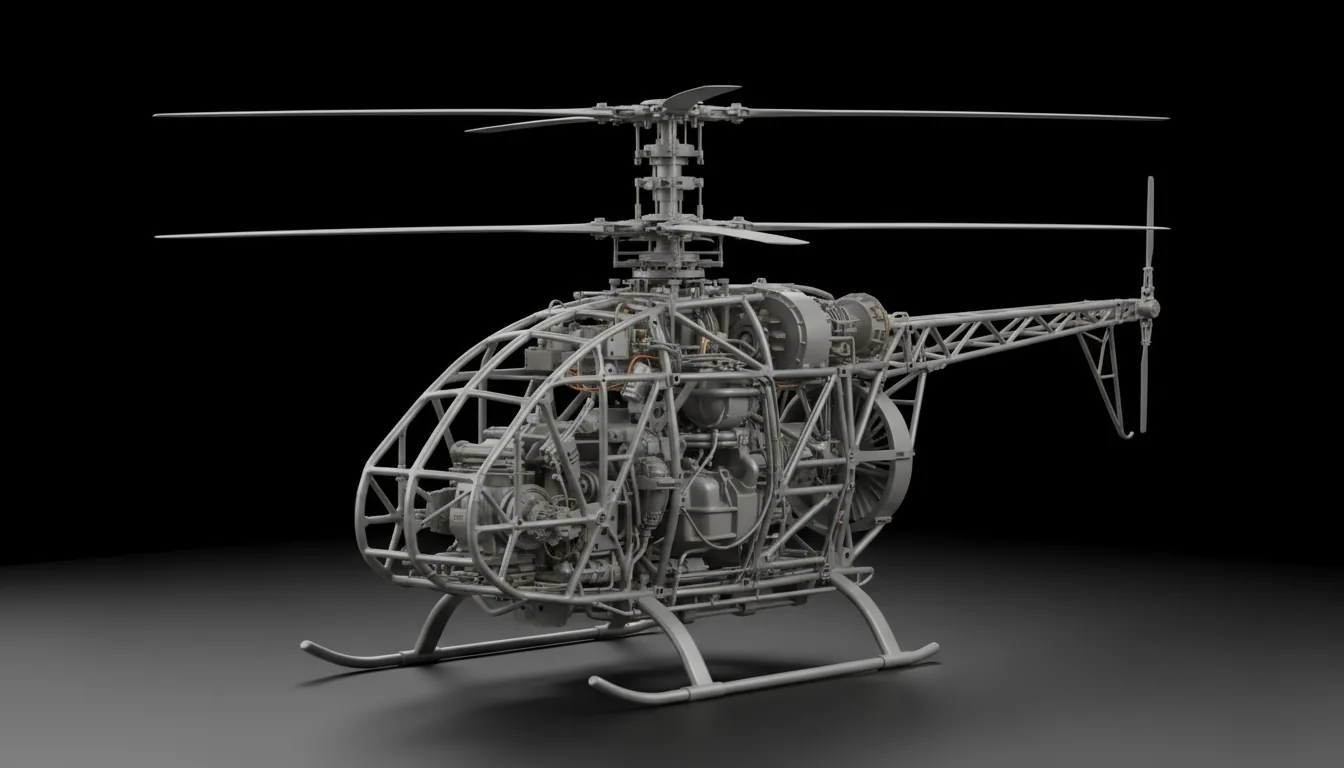 High-fidelity 3D CAD model of an experimental coaxial helicopter, showing the intricate mechanical assembly, engine, and structural frame without the fuselage. The model features matte brushed aluminum and grey plastic materials. Set against a solid black studio backdrop, lit with soft global illumination creating subtle ground shadows. Clean, professional product visualization, technical illustration, Blender style render.