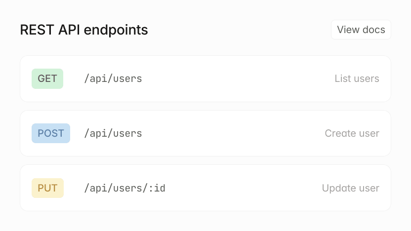 REST API endpoints: GET /api/users (List users), POST /api/users (Create user), PUT /api/users/:id (Update user)