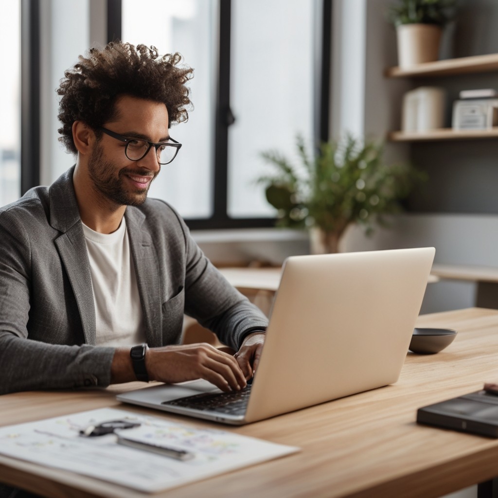 Profesional en un espacio acogedor con laptop, representando el análisis, desarrollo y optimización de herramientas de IA personalizadas para empresas.