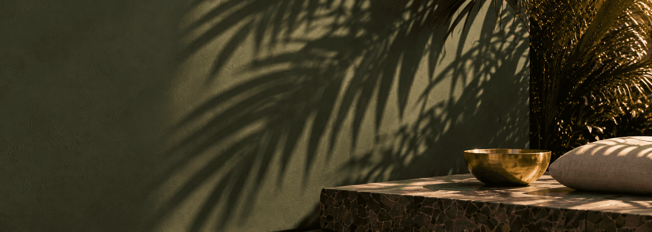 Deep olive wall with palm shadows and golden bowl