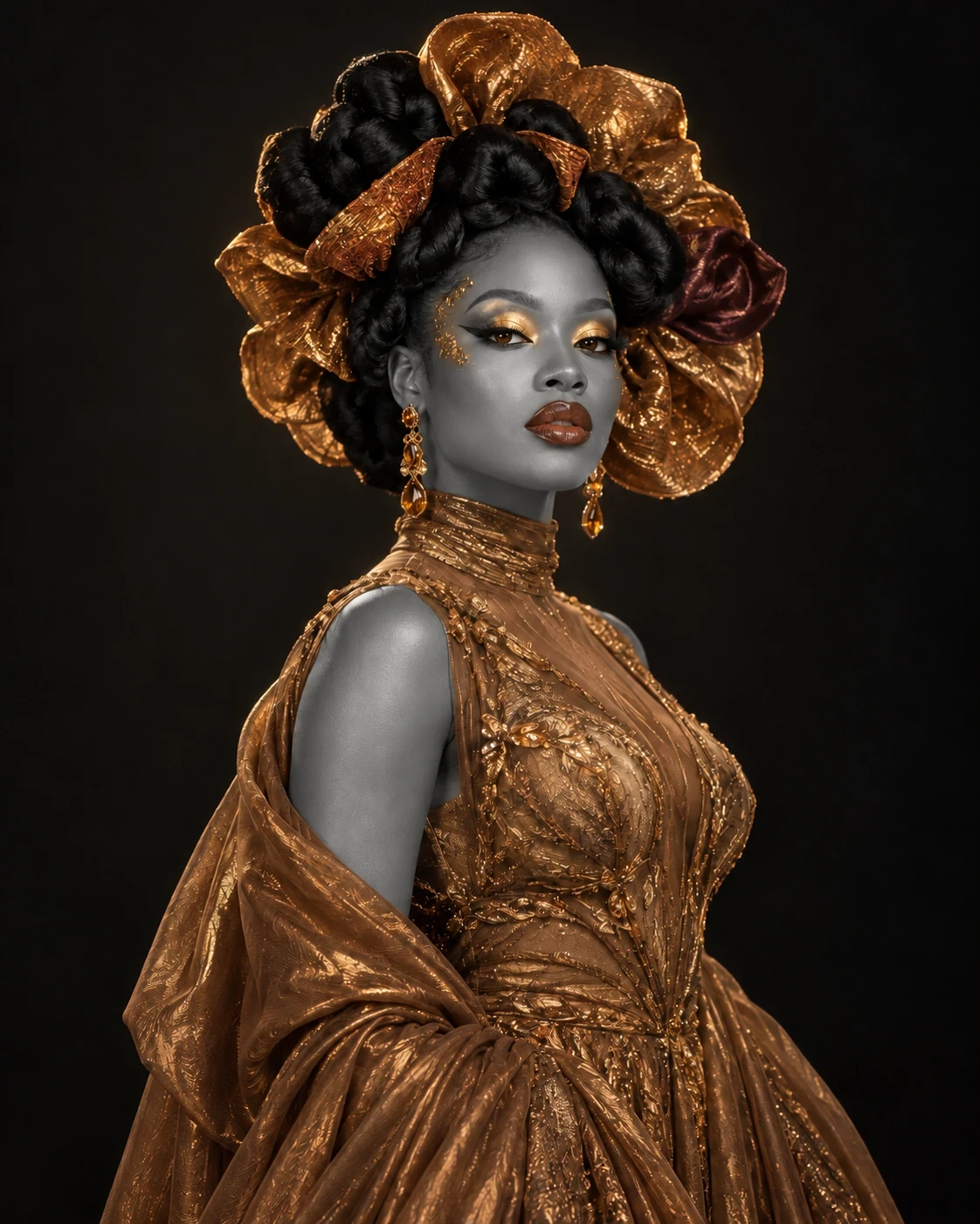 Selective-colour version: Portrait in a golden couture dress with a large sculptural gold and copper headdress